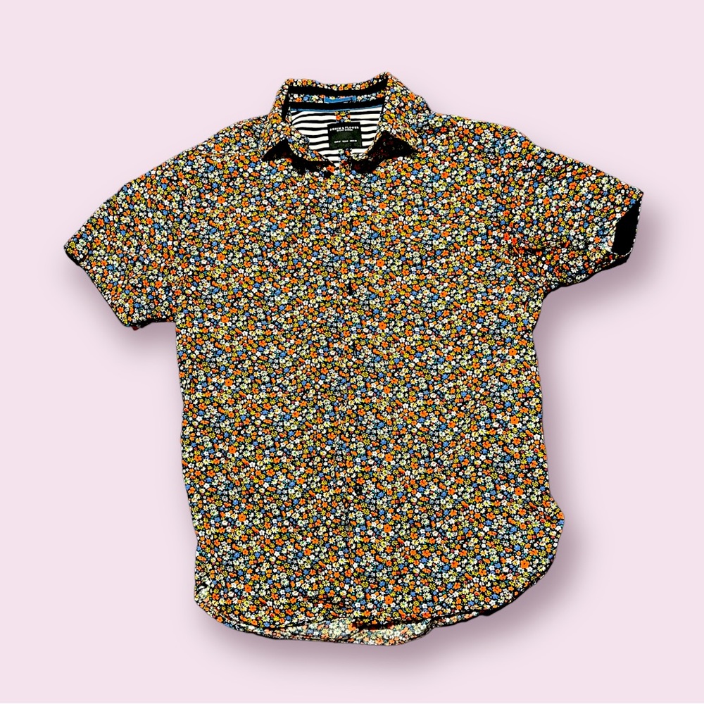 Denim & Flower Medium Casual Button Down Floral Slim Rainbow Cotton